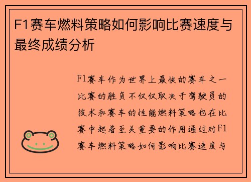 F1赛车燃料策略如何影响比赛速度与最终成绩分析